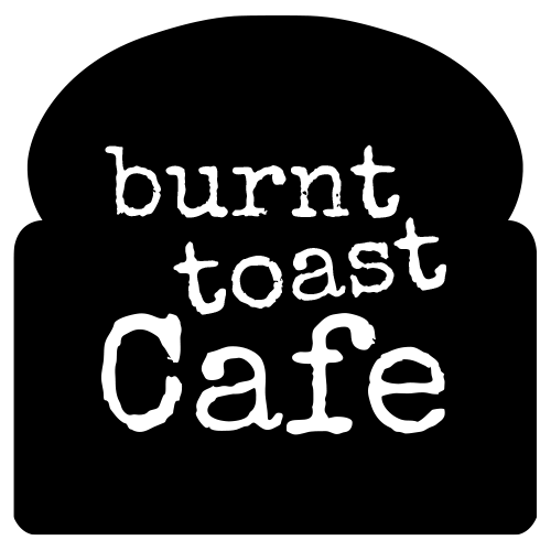 white toast cafe text on black bread shape
