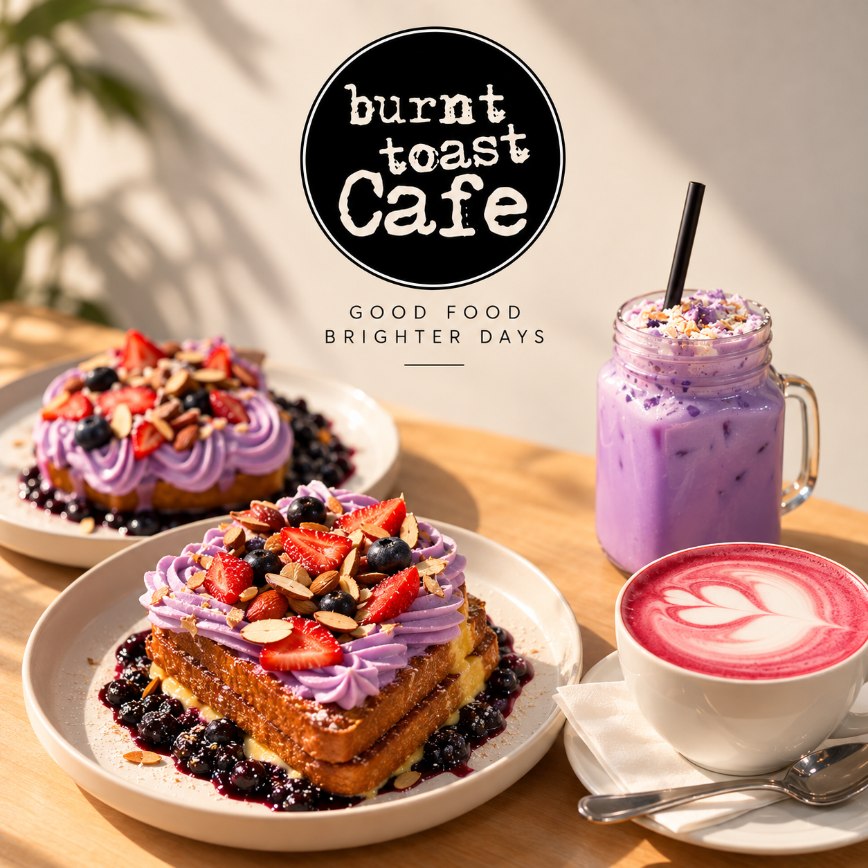 Burnt Toast Café ube lineup with French toast and drinks